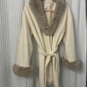 Luxurious Cream Jacket  with Faux Fur Trim and Self Tie Belt